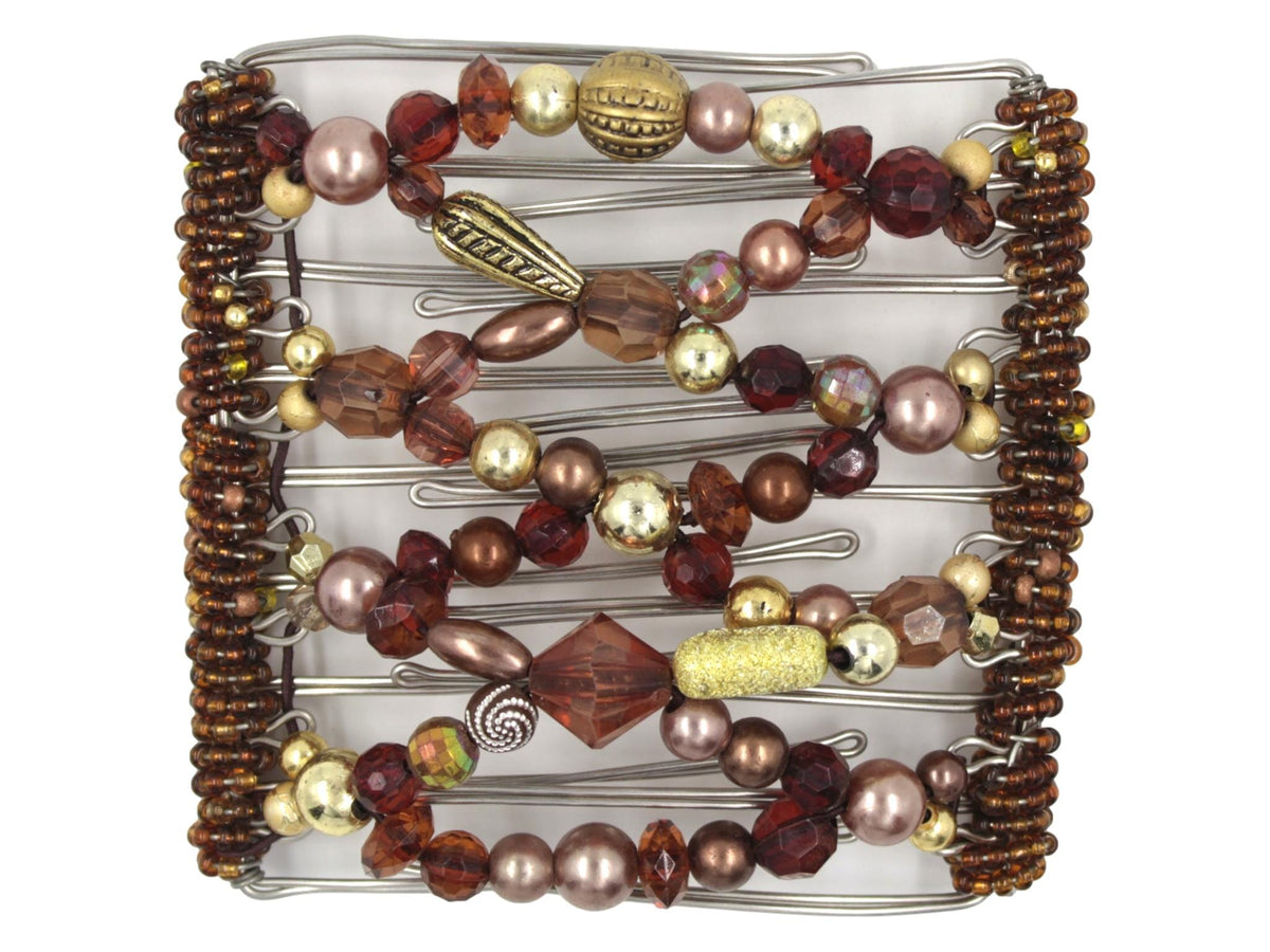 African Butterfly Wire Hair Clip - 9 Tong 1014 - brown and gold vintage-inspired acrylic beads and pearls in varied shapes and textures, white background