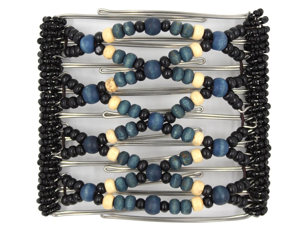 African Butterfly Wire Hair Clip - 9 Tong 945 - hair clip with blue, black, and beige beads on a white background