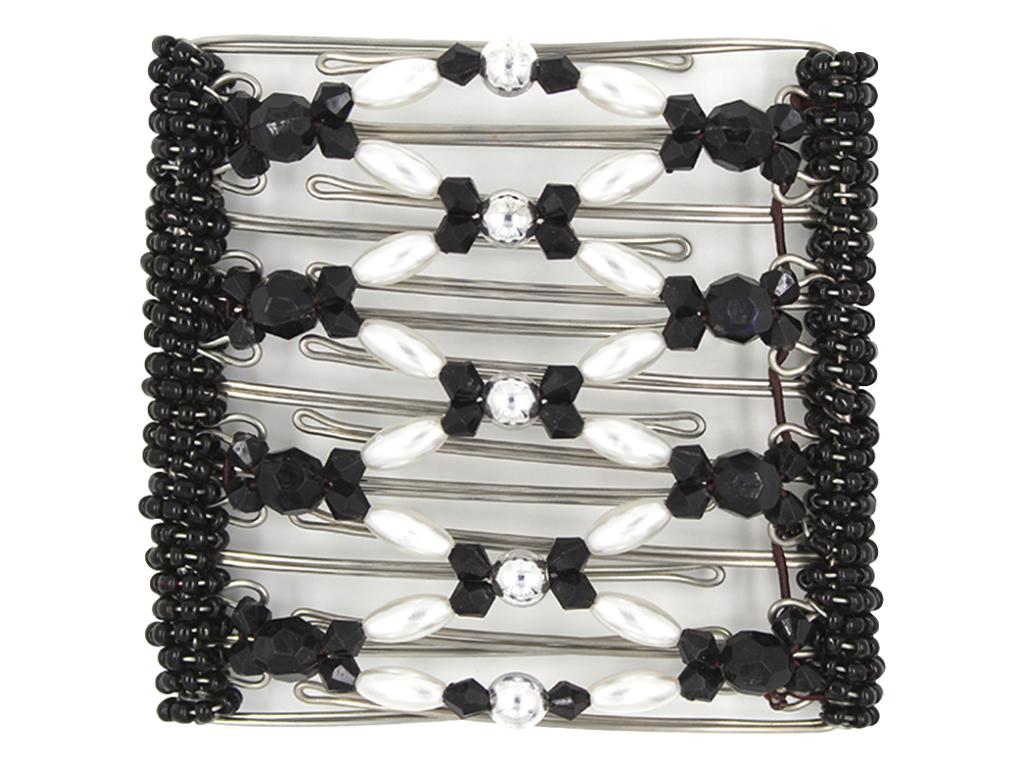 African Butterfly Wire Hair Clip - 9 Tong 956 - black acrylic, white pearl and silver beads, white background