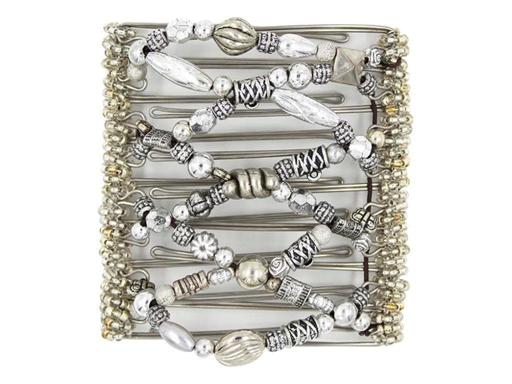 African Butterfly Wire Hair Clip - 9 Tong 962 - decorative silver mixed beads with charm hooks and clear seed bead edges, white background