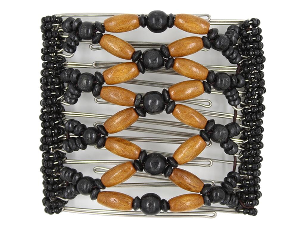 African Butterfly Wire Hair Clip - 9 Tong 964 - honey brown and black wood beads with black seed bead edges, white background