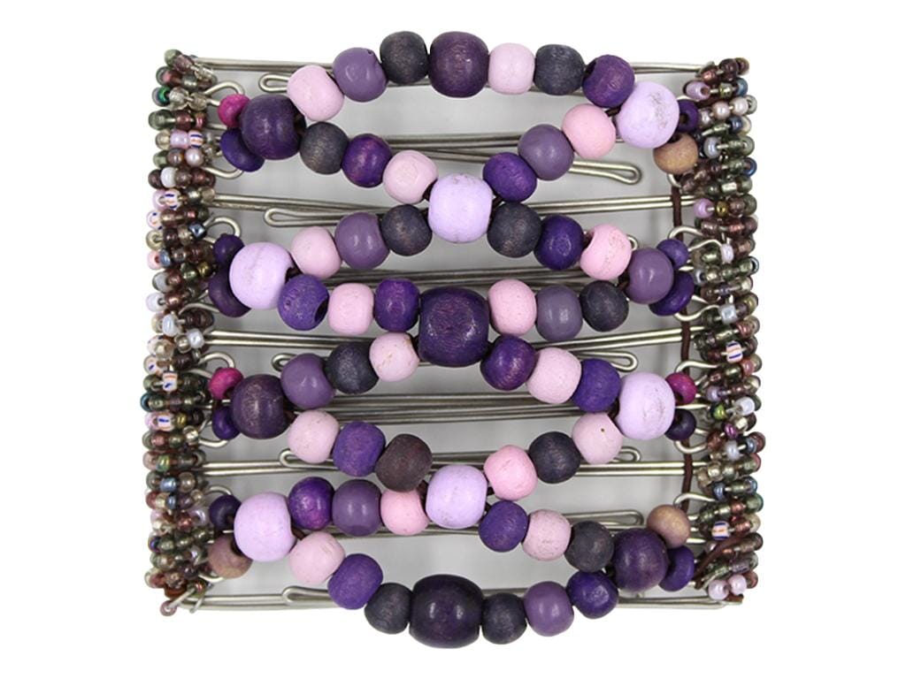 African Butterfly Wire Hair Clip - 9 Tong 969 - lavender, soft pink, violet and deep purple wood beads, white background