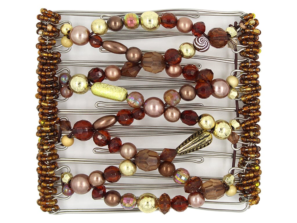 African Butterfly Wire Hair Clip - 9 Tong 975 - brown tones and gold eclectic vintage beads, white background