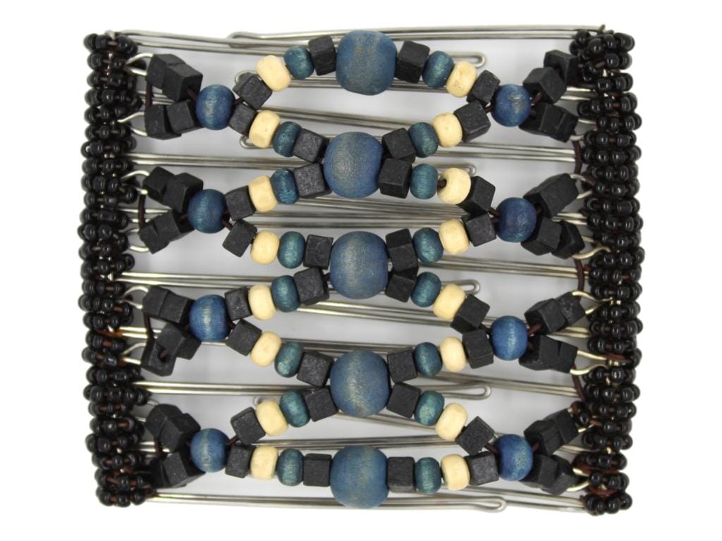 African Butterfly Wire Hair Clip - 9 Tong 979 - hair clip with blue, black, and beige beads on a white background