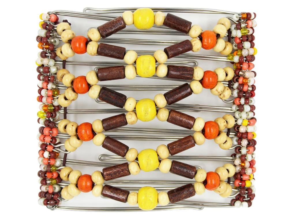 African Butterfly Wire Hair Clip - 9 Tong 983 - yellow wood beads, small blonde wood beads, brown and bright orange wood beads, brown, orange, white and yellow seed bead spines, white background