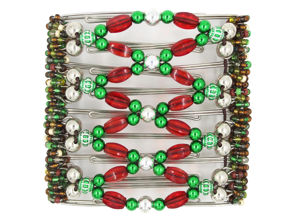 African Butterfly Wire Hair Clip - 9 Tong 986 - shiny silver beads, mirrored emerald green beads, bold red acrylic beads, decorative emerald green beads, white background