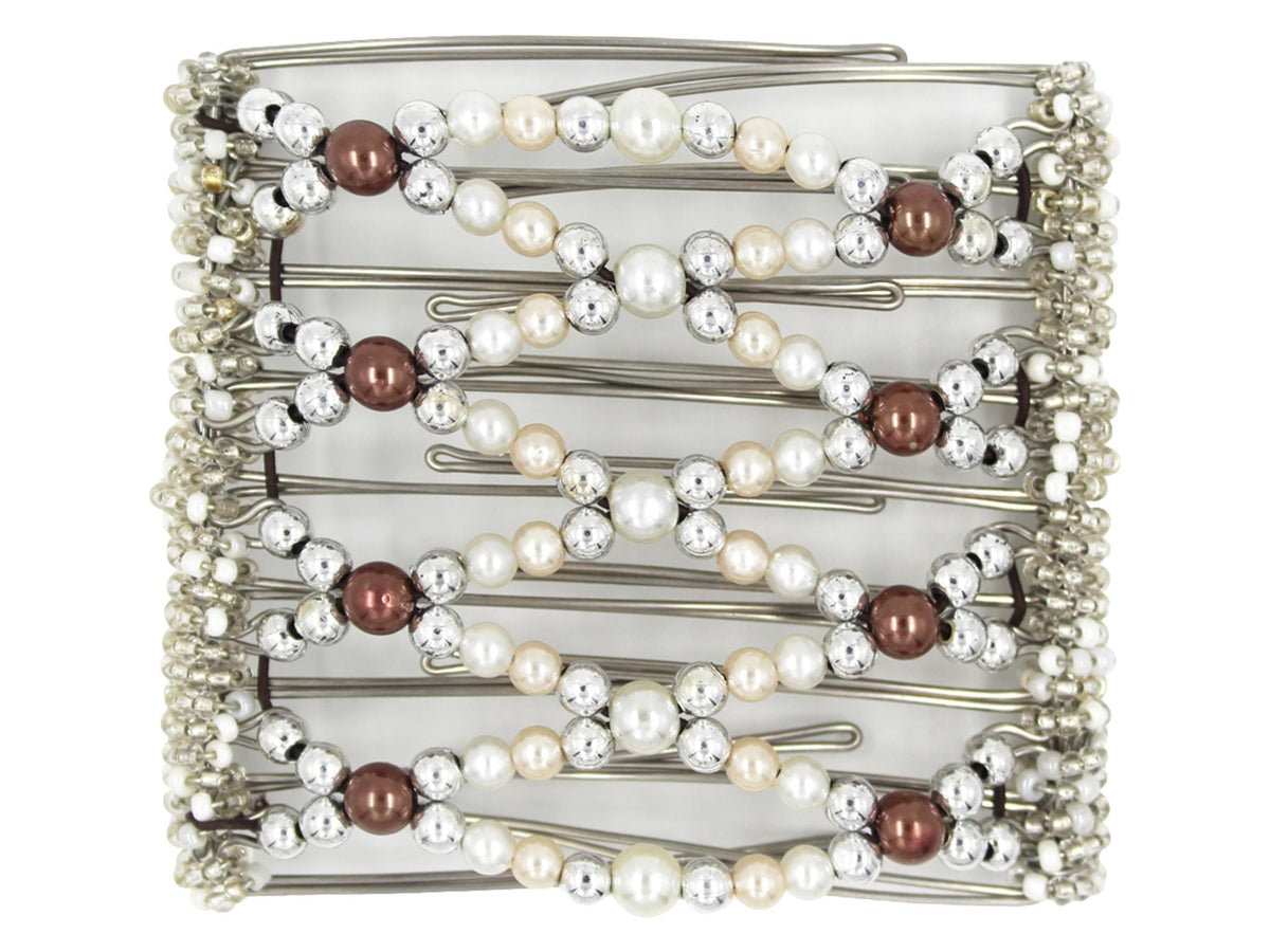 African Butterfly Wire Hair Clip - 9 Tong 992 - white pearl beads, silver beads, cream pearls, cocoa pearl beads, white and clear Czech seed beads, white background