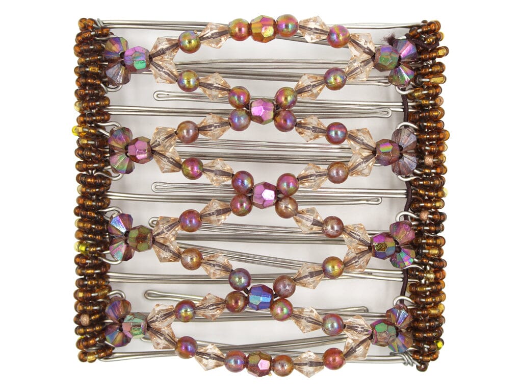 African Butterfly Wire Hair Clip - 9 Tong 994 - auburn Aurora Borealis beads, champagne acrylic beads, bronze Czech seed beads, white background
