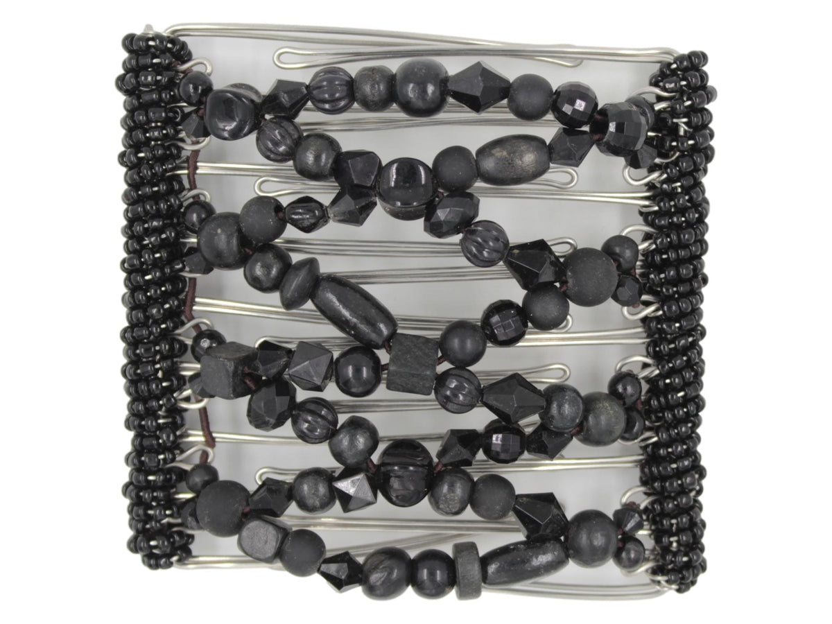 African Butterfly Wire Hair Clip - 9 Tong 996 - black acrylic and wood beads in varied shapes and sizes, white background