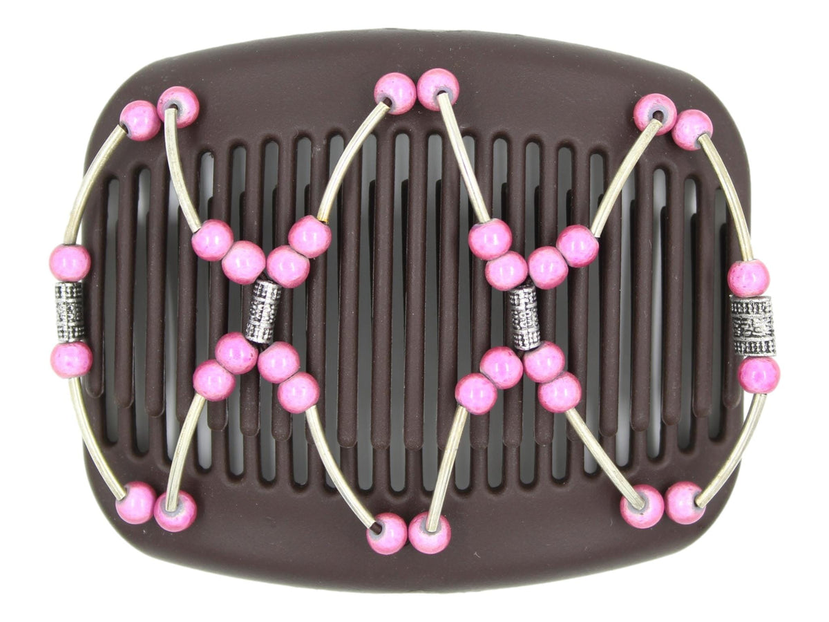African Butterfly Hair Comb - Beada Tube Brown 77 - silver beads, dusty rose magic beads, silver tube beads, white background