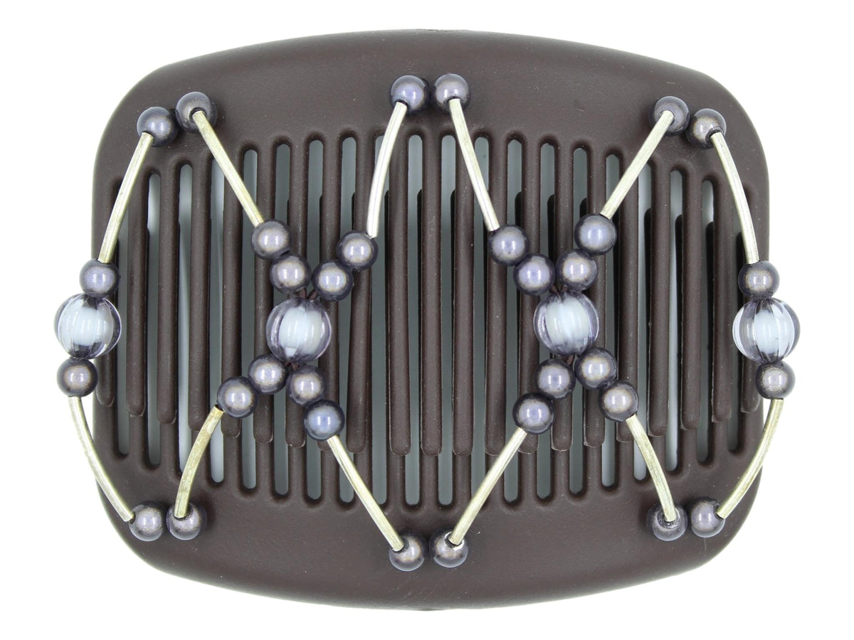 African Butterfly Hair Comb - Beada Tube Brown 78 - gray translucent beads, charcoal gray magic beads, silver tube beads, white background