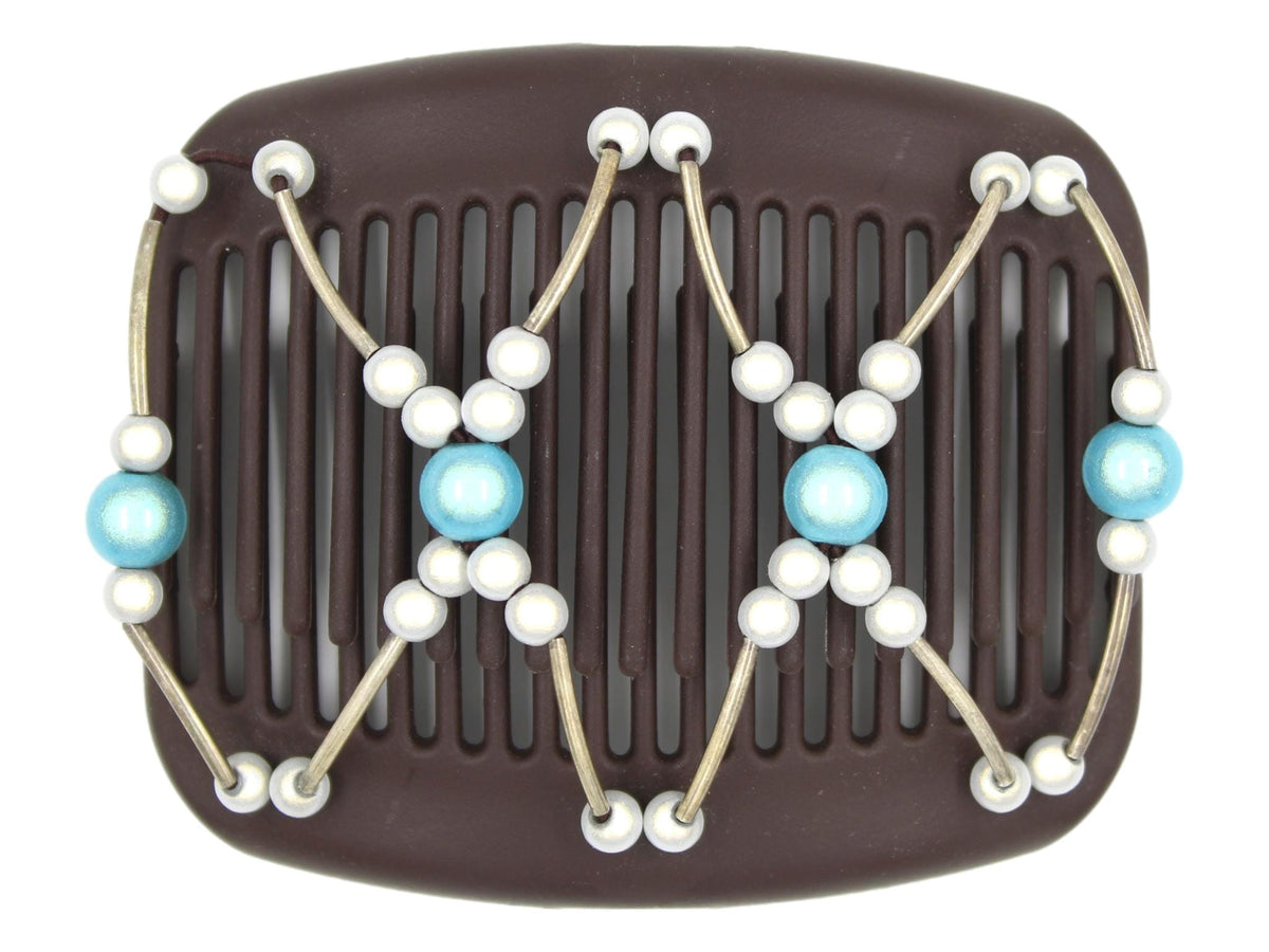 African Butterfly Hair Comb - Beada Tube Brown 79 - aqua blue magic beads, white magic beads, silver tube beads, white background
