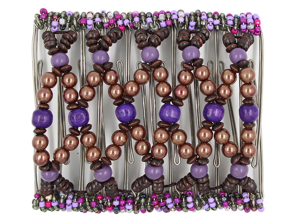 African Butterfly Wire Hair Clip - 11 Tong 534 - brown pearl, deep violet, brown, and heather purple wood beads, white background