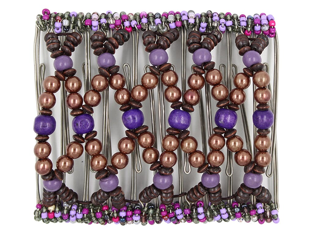 African Butterfly Wire Hair Clip - 11 Tong 534 - brown pearl, deep violet, brown, and heather purple wood beads, white background