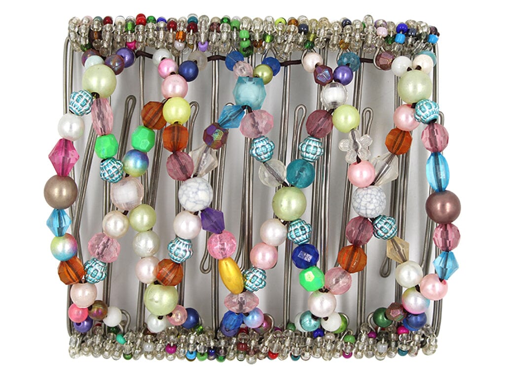 African Butterfly Wire Hair Clip - 11 Tong 538 - rainbow mix of pink, white, blue, green, purple, teal and coral pearl and acrylic beads, white background