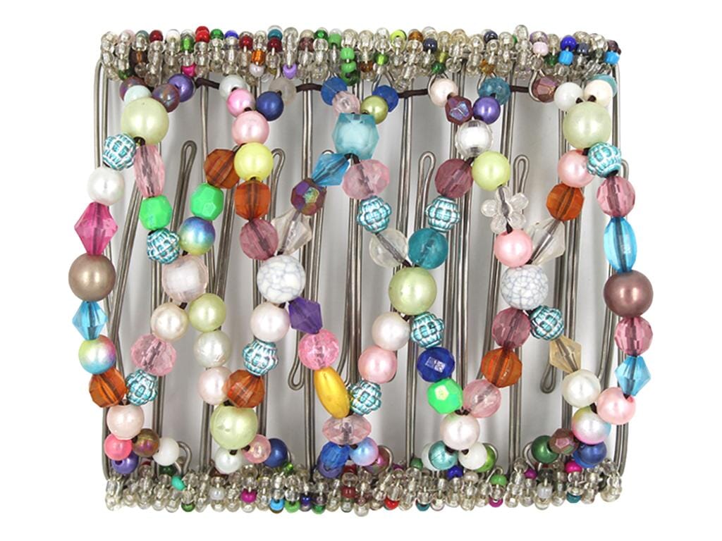 African Butterfly Wire Hair Clip - 11 Tong 538 - rainbow mix of pink, white, blue, green, purple, teal and coral pearl and acrylic beads, white background