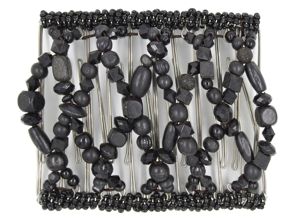 African Butterfly Wire Hair Clip - 11 Tong 540 - black wood and acrylic beads in various shapes and sizes with black seed bead edges, white background