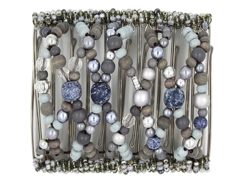 African Butterfly Wire Hair Clip - 11 Tong 542 - dark and light gray wood and fancy beads, white background