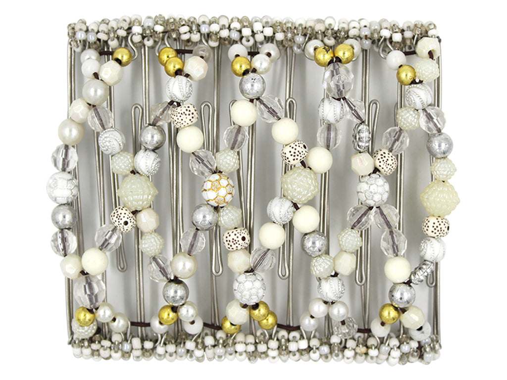 African Butterfly Wire Hair Clip - 11 Tong 470 - clear acrylic, natural wood, silver and gold accents, white pearl beads, white background