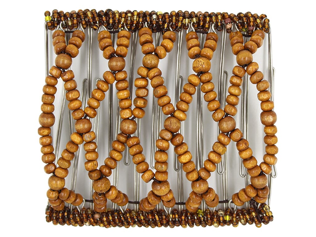 African Butterfly Wire Hair Clip - 11 Tong 545 - honey blonde wood beads, white background