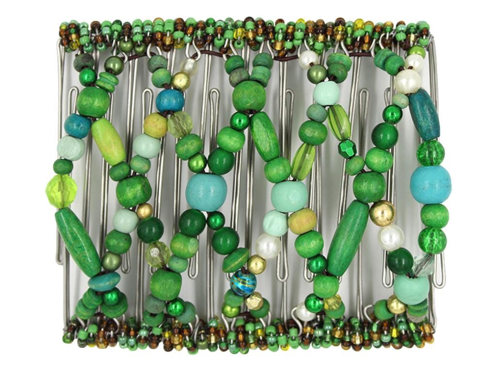 African Butterfly Wire Hair Clip - 11 Tong 546 - mint, sage, emerald and forest green beads, white background