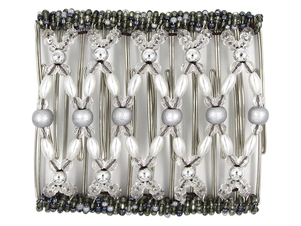 African Butterfly Wire Hair Clip - 11 Tong 554 - silver wood, acrylic, pearl and silver beads with pewter Czech seed bead edges, white background