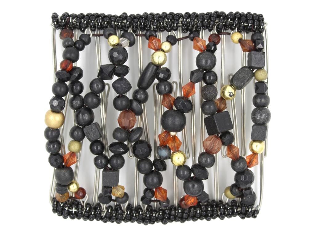 African Butterfly Wire Hair Clip - 11 Tong 555 - black, brown and gold beads in mixed shapes, white background