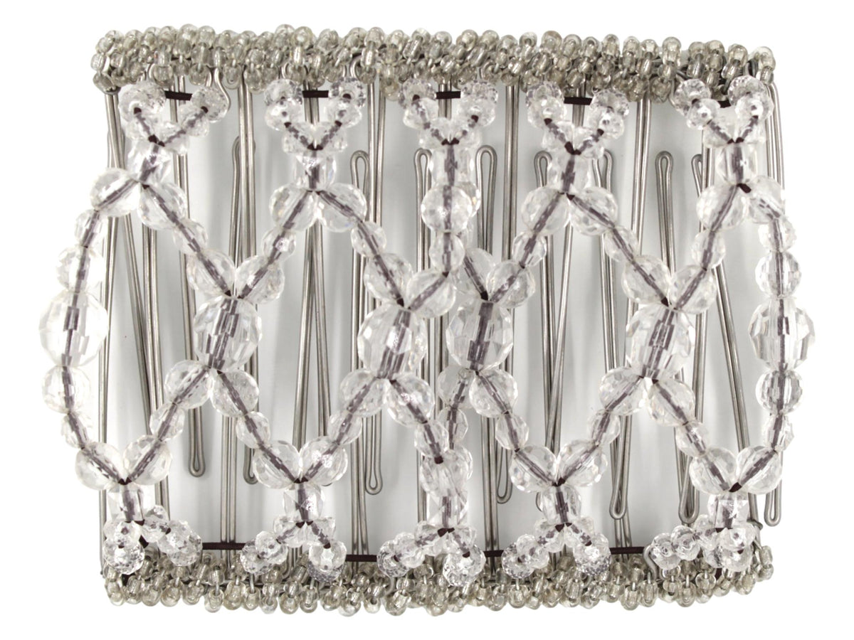 African Butterfly Wire Hair Clip - 11 Tong 558 - clear multi-faceted acrylic beads, clear Czech seed beads along the edges, white background