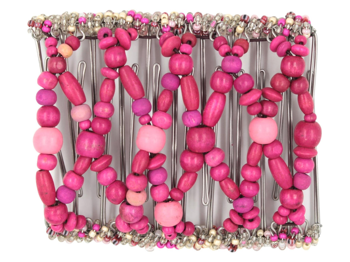 African Butterfly Wire Hair Clip - 11 Tong 563 - magenta, fuchsia and medium-dark pink wood beads, white background