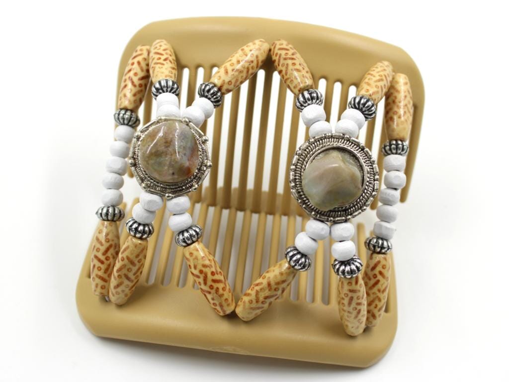 African Butterfly Gemstone Blonde Hair Comb 50 - light brown/gray stones, white wood beads, silver accents, beige boho beads, shown open, white background