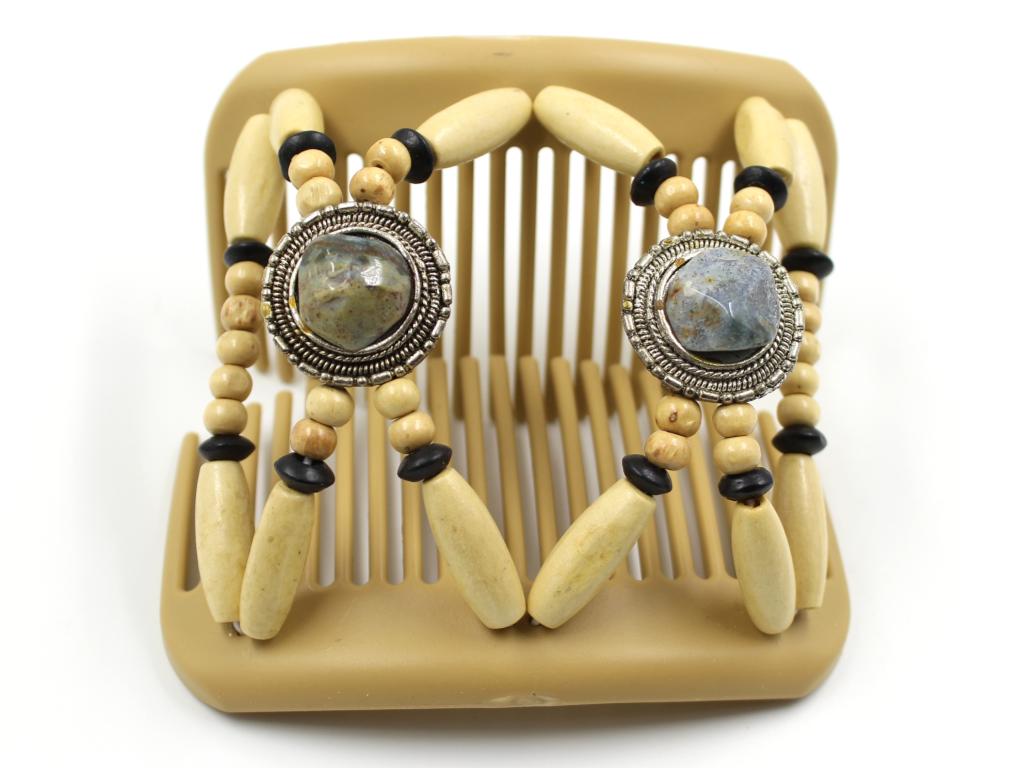 African Butterfly Gemstone Blonde Hair Comb 51 - gray and brown natural stones, beige wood beads, shown open, white background