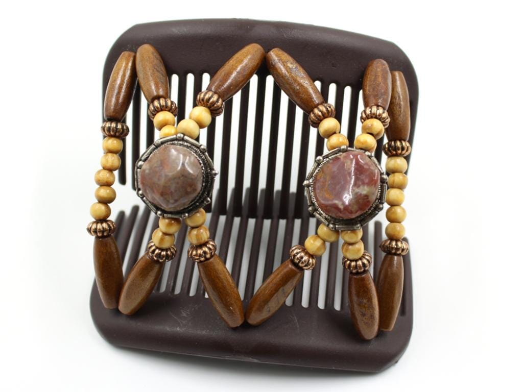 African Butterfly Hair Comb - Gemstone Brown 90 - silver conchos, medium brown tumbled and polished gemstones, beige wood, copper, and honey blonde wood beads on a brown comb base, shown open, white background