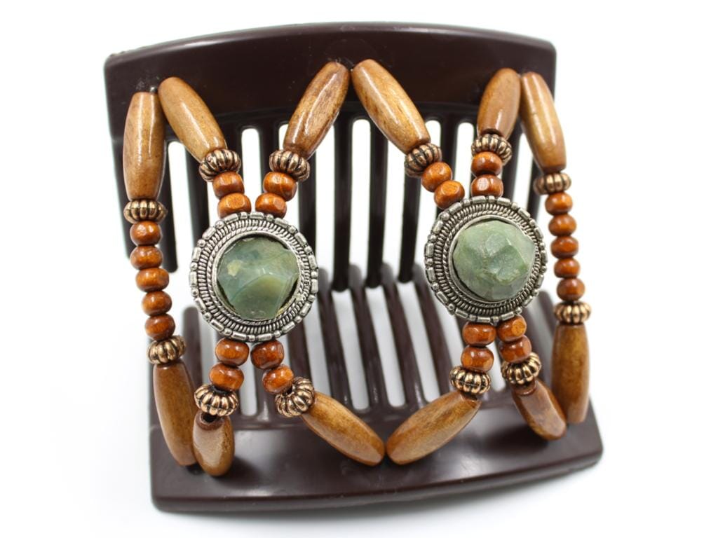 African Butterfly Hair Comb - Gemstone Brown 94 - olive green gems on silver conchos, honey brown wood beads, copper accent beads, brown sugar edge beads, shown open, white background
