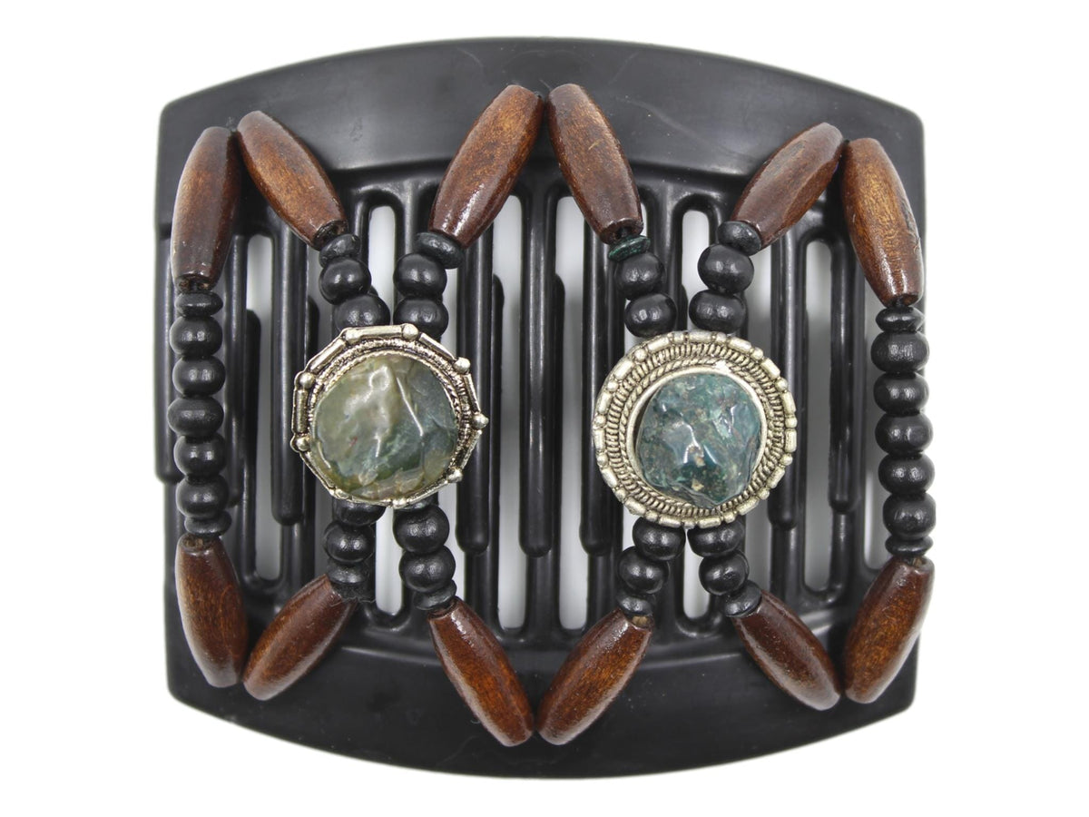 African Butterfly Thick Hair Comb - Gemstone Black 90 - dark green gemstones on round silver conchos, black wood beads, dark brown wood beads along the edges, white background
