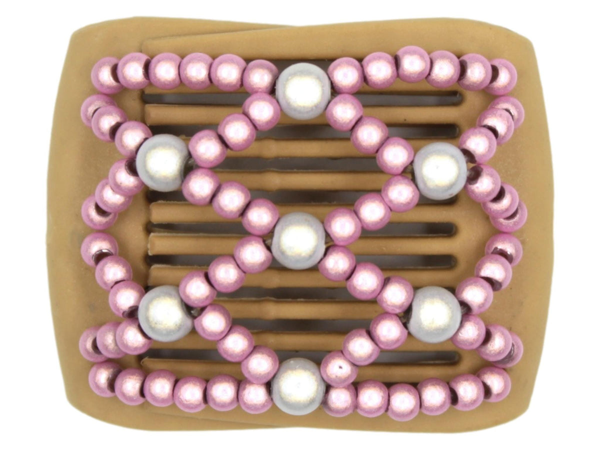 African Butterfly LadyBug Hair Comb - Blonde 65 - white accent magic beads, dusty rose magic beads, white background