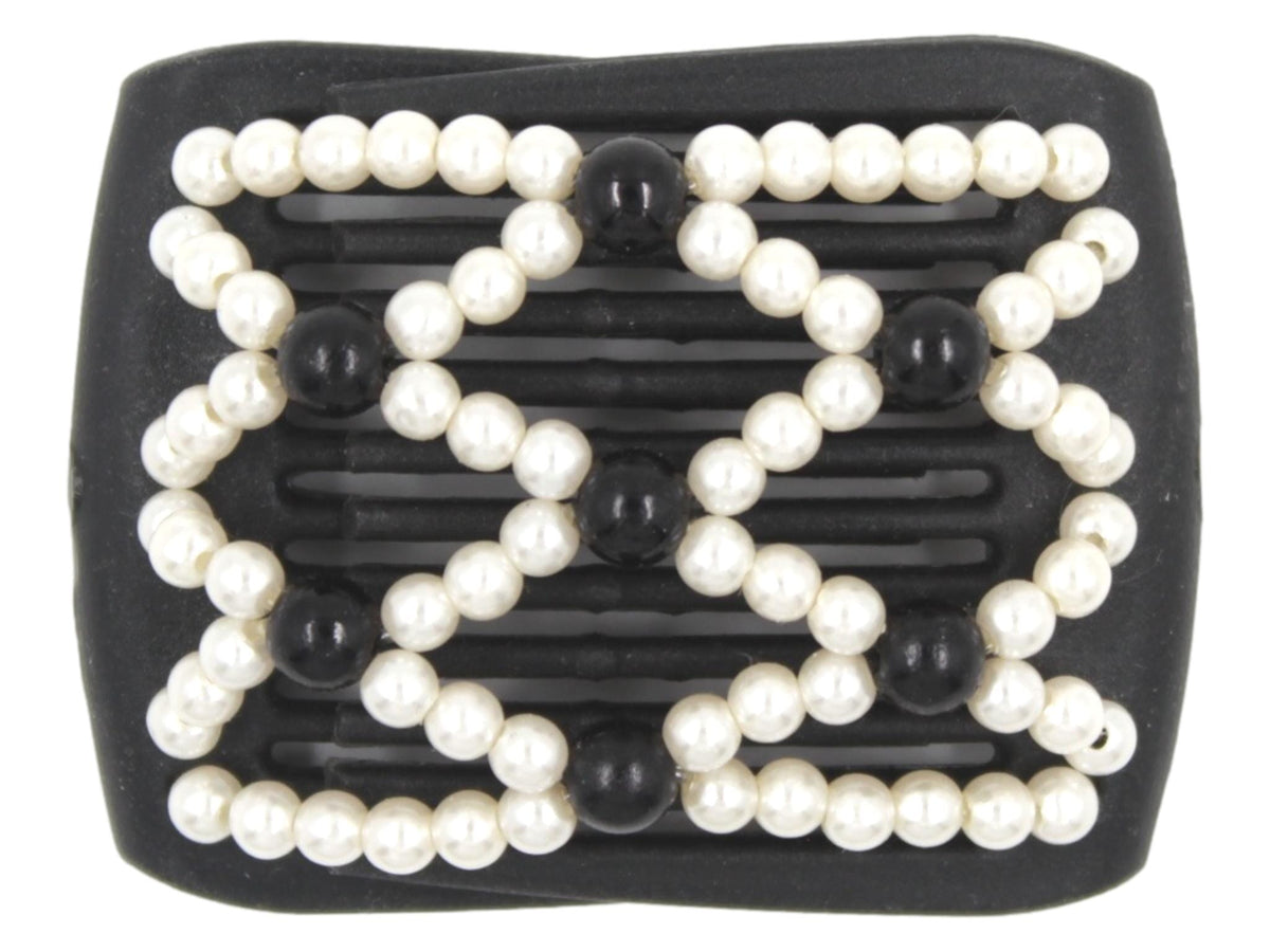 African Butterfly LadyBug Hair Comb - Black 83 - black accent beads and white pearl beads, white background