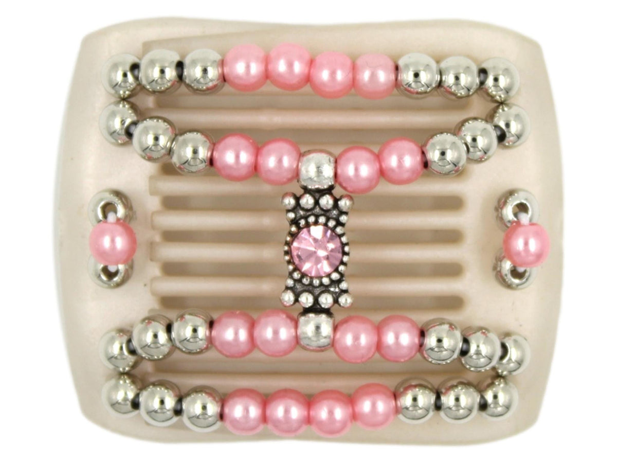 African Butterfly LadyBug Hair Comb - White Pearl 47 - silver charm with baby pink rhinestones, baby pink pearl beads and silver beads, white background