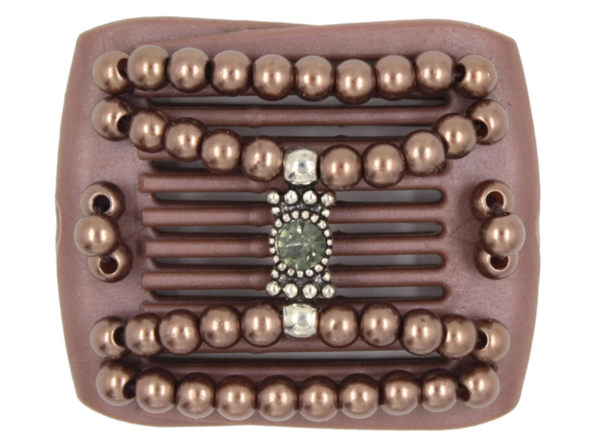 African Butterfly LadyBug Hair Comb - Brown Pearl 51 - silver center charm with olive green rhinestone and mocha pearl beads, white background