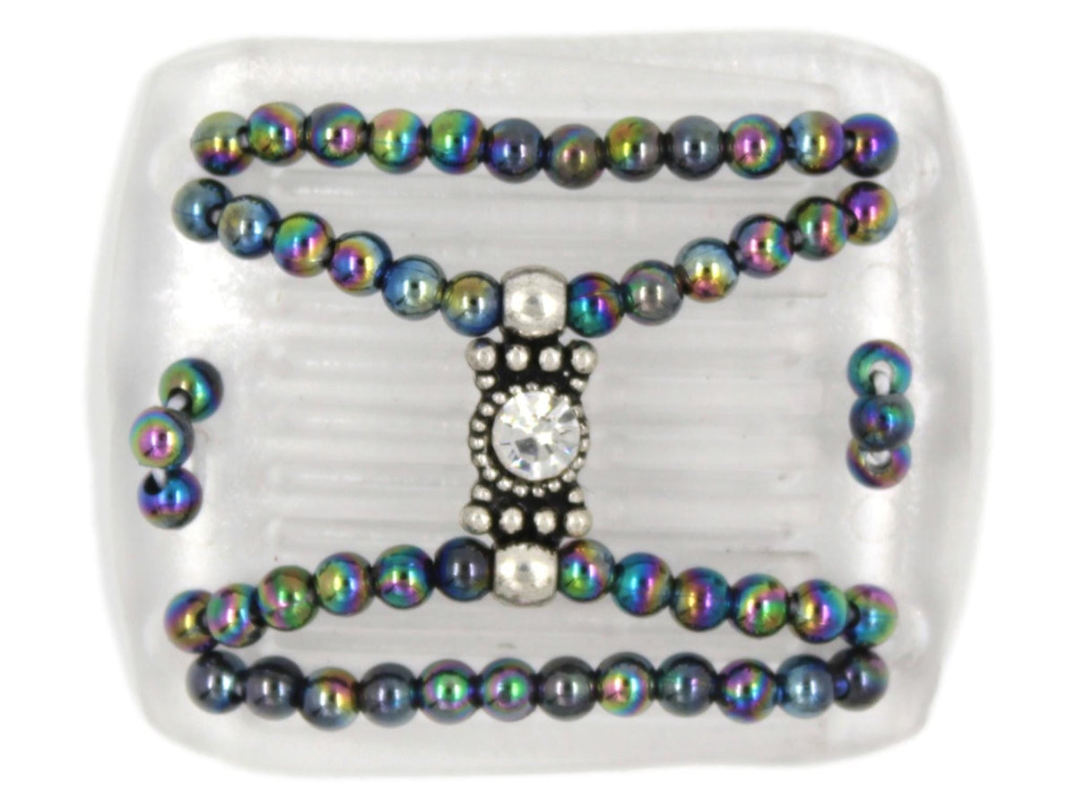 African Butterfly LadyBug Hair Comb - Clear 24 - silver center charm with a large clear rhinestone, rainbow beads, white background