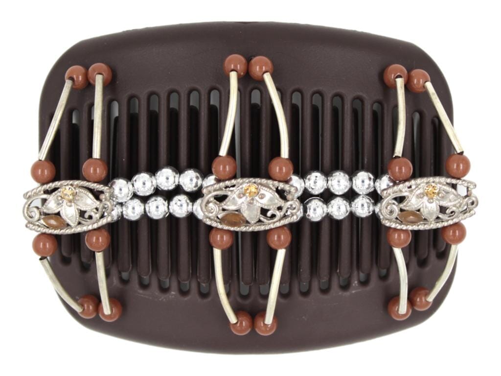 African Butterfly Flowers Brown Hair Comb 76 - silver filigree charms, amber cat's eye, chocolate silver beads, white background
