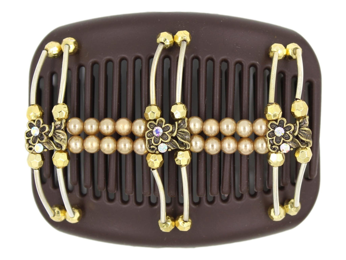 African Butterfly Hair Comb - Flowers Brown 79 - antique brass charms with clear iridescent rhinestones, gold beads, champagne pearl beads, silver tube beads, white background
