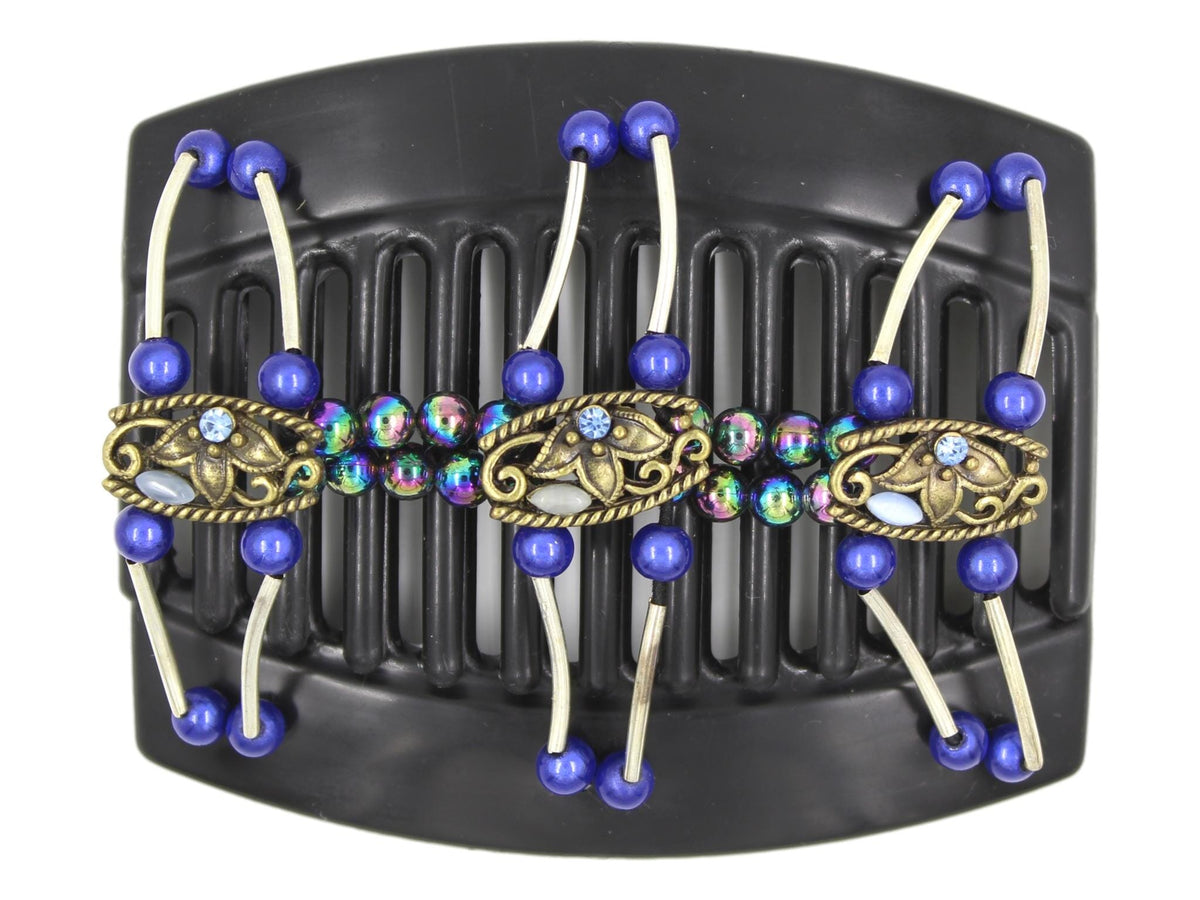 African Butterfly Thick Hair Comb - Flowers Black 64 - antique brass flower filigree charms, baby blue tiger's eye beads, blue topaz rhinestones, sapphire blue magic beads, rainbow beads, silver tube beads, white background