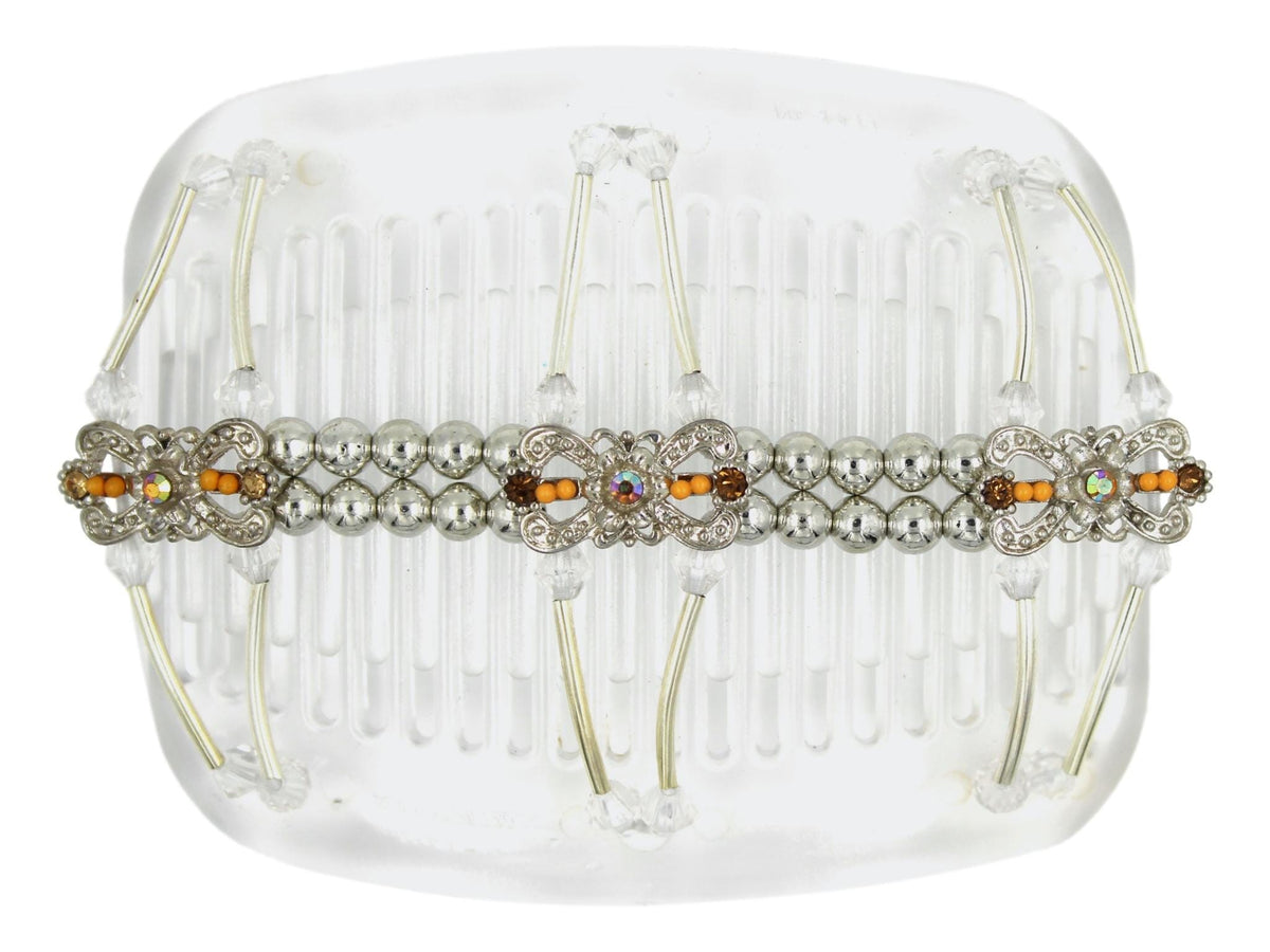African Butterfly Hair Comb - Flowers Clear 87 - silver charms with peach beads, light peach and topaz rhinestones, silver beads, clear acrylic beads, silver tube beads, white background