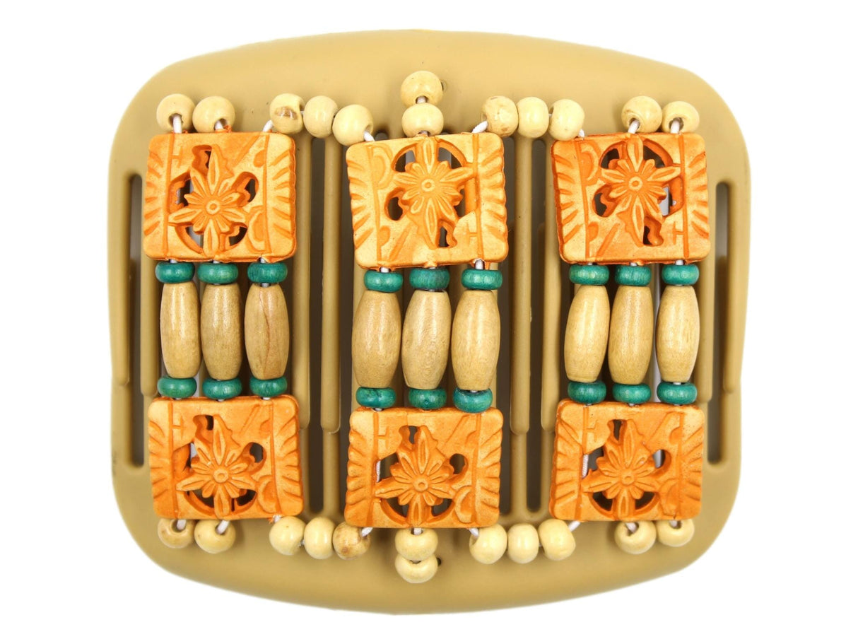 African Butterfly Hair Comb - Tripla Blonde 58 - natural wood beads, teal accent beads, honey Dupla beads, cream wood beads, white background