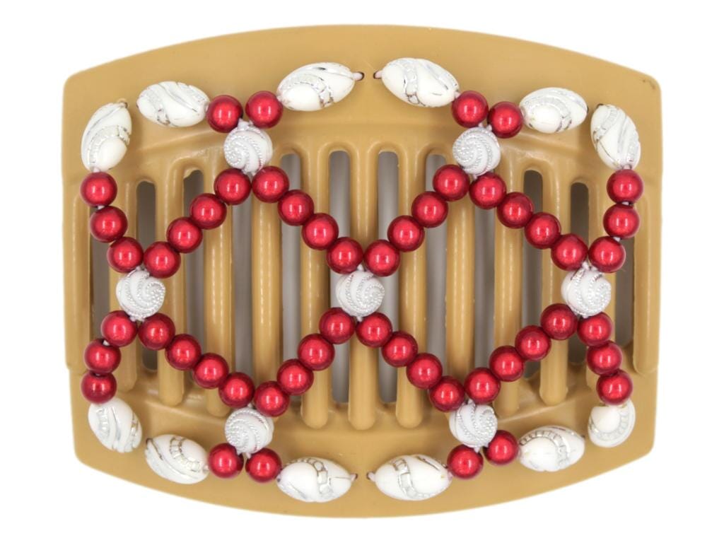 African Butterfly Ndalena Blonde Hair Comb 110 - cherry red, white silver swirl beads, white background