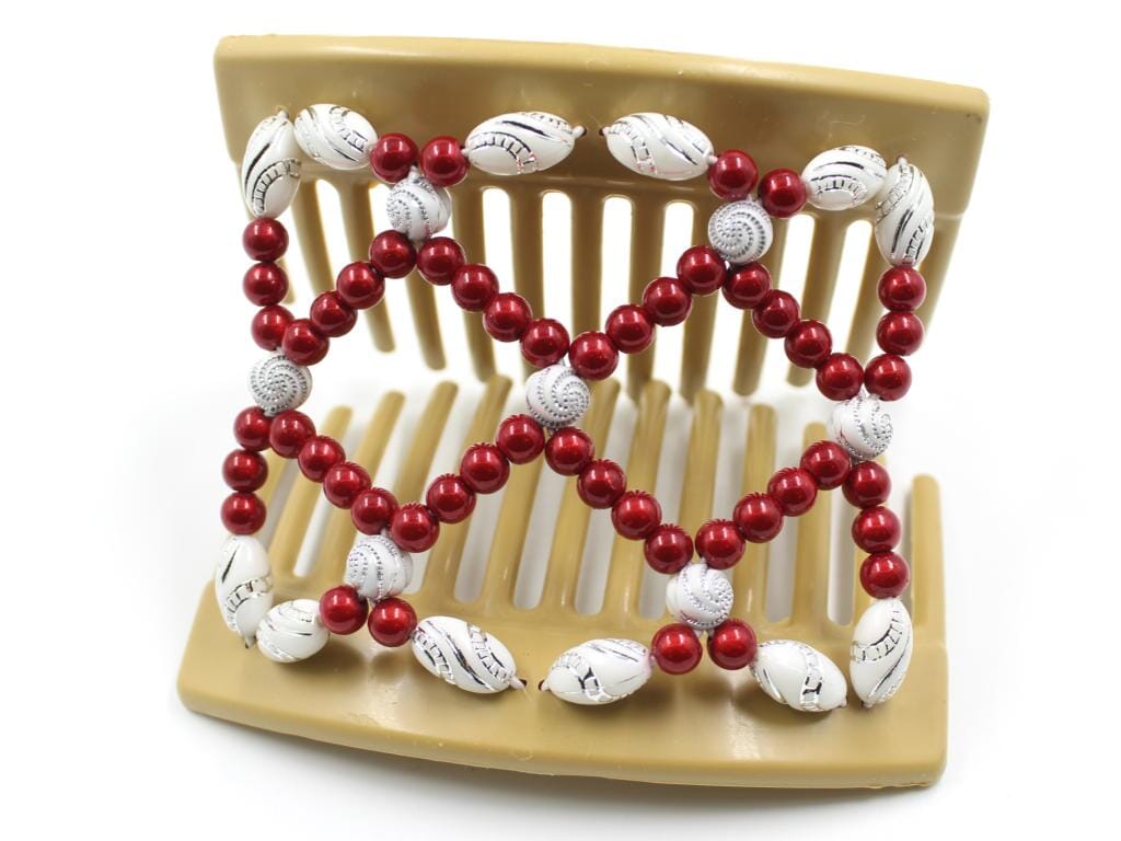 African Butterfly Ndalena Blonde Hair Comb 110 - cherry red, white silver swirl beads, shown open, white background