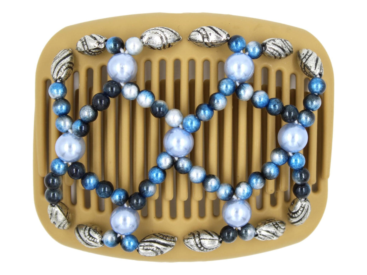 African Butterfly Hair Comb - Ndalena Blonde 116 - large powder blue pearl beads, blue ombre beads, silver beads with black etching along the edges, white background