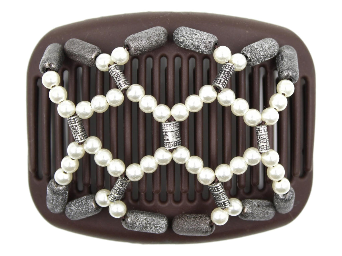 African Butterfly Hair Comb - Ndalena Brown 192 - white pearl beads, silver and black accent beads, pewter shimmer beads, white background