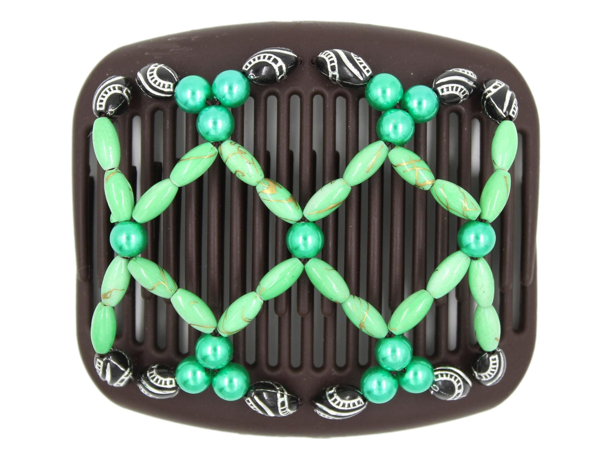 African Butterfly Hair Comb - Ndalena Brown 193 - green pearl beads, lime green and gold swirl beads, black and silver etched beads, white background