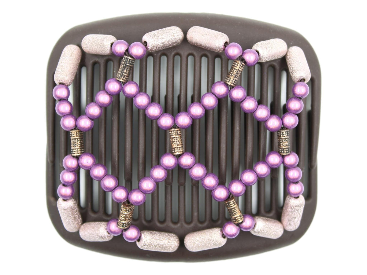 African Butterfly Hair Comb - Ndalena Brown 194 - dusty rose magic beads, copper accent beads, dusty rose shimmer beads, white background
